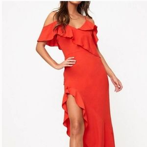 Pretty Little Thing asos coral ruffle maxi dress
